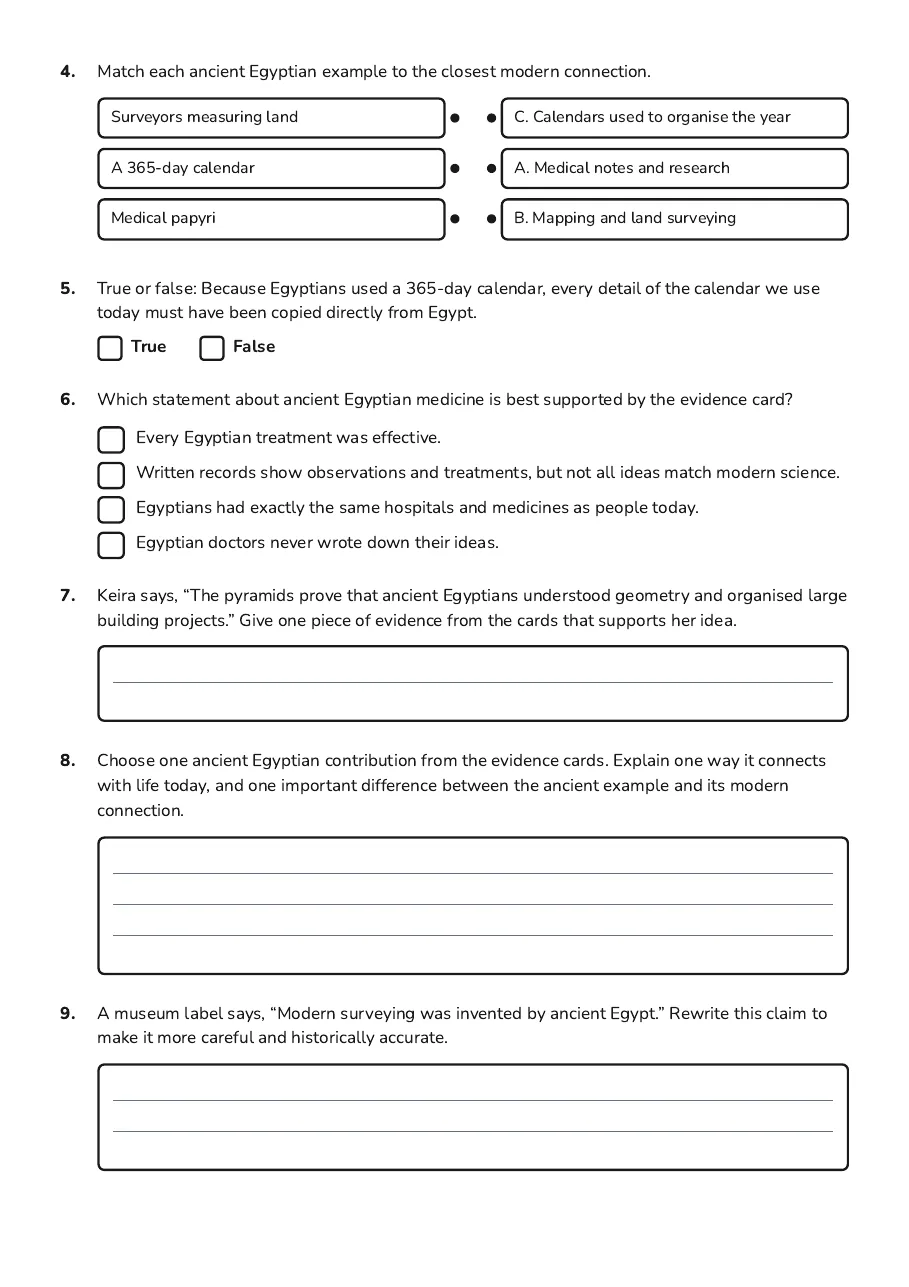 Ancient Egypt's Modern Influence, page 2 of 2: 4. Match each ancient Egyptian example to the closest modern connection.