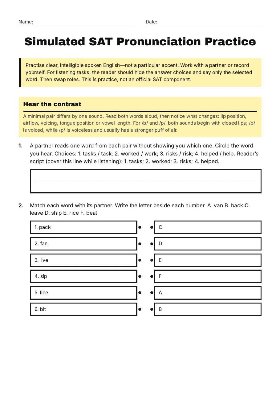 Simulated SAT Pronunciation Practice, page 1 of 3: Hear the contrast
