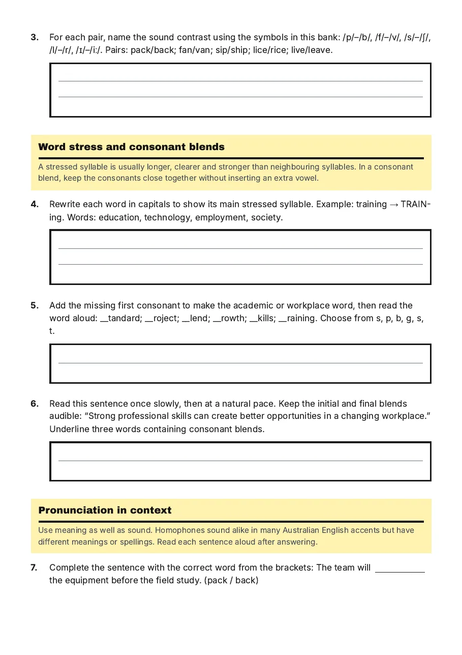 Simulated SAT Pronunciation Practice, page 2 of 3: Word stress and consonant blends, Pronunciation in context