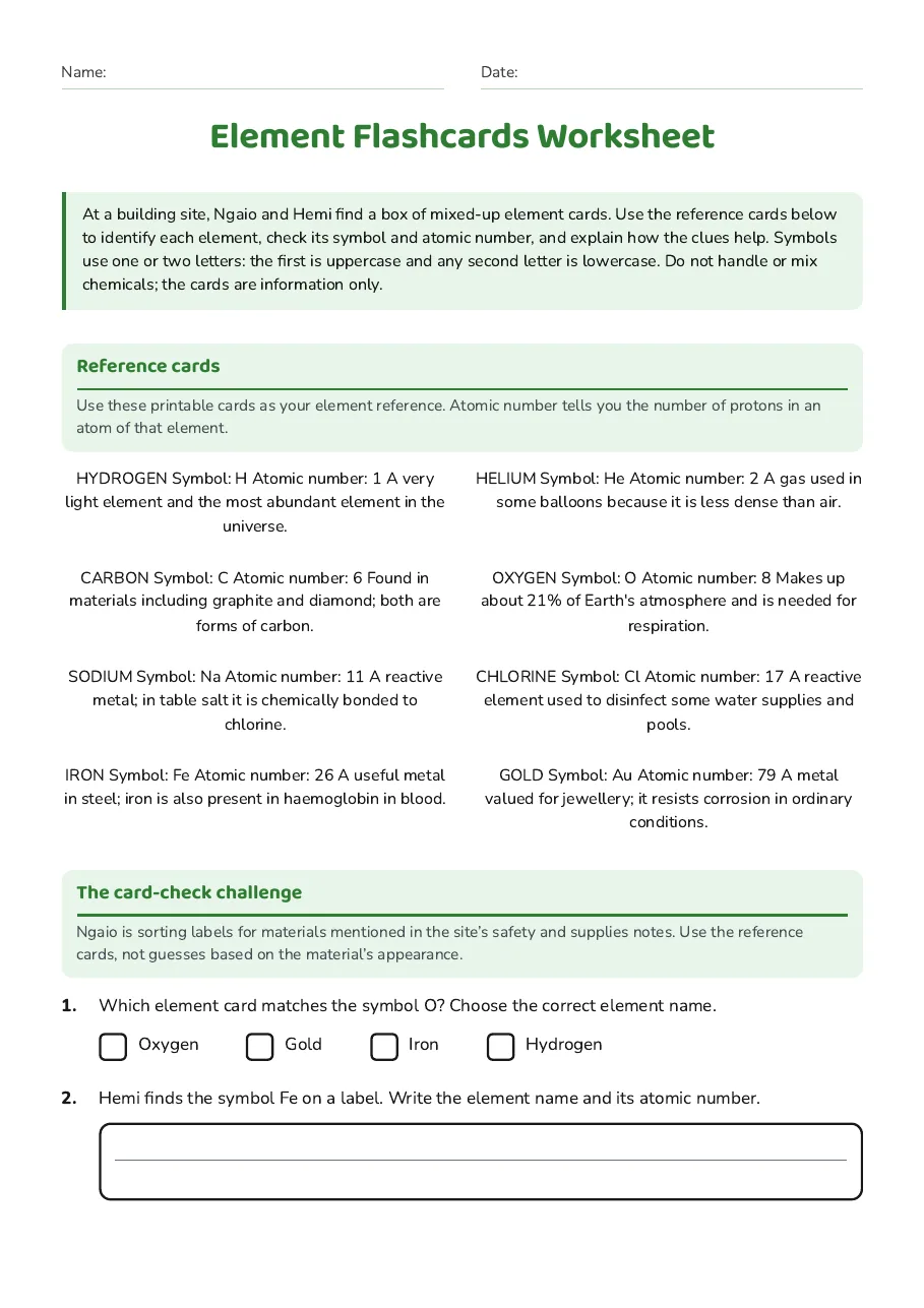 Element Flashcards Worksheet, page 1 of 3: Reference cards, The card-check challenge