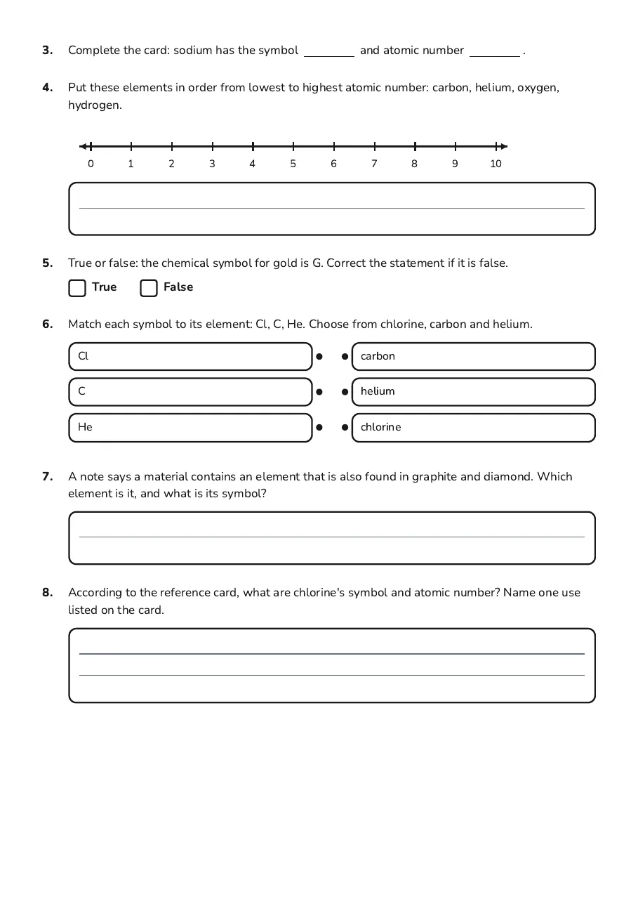 Element Flashcards Worksheet, page 2 of 3: 3. Complete the card: sodium has the symbol and atomic number .