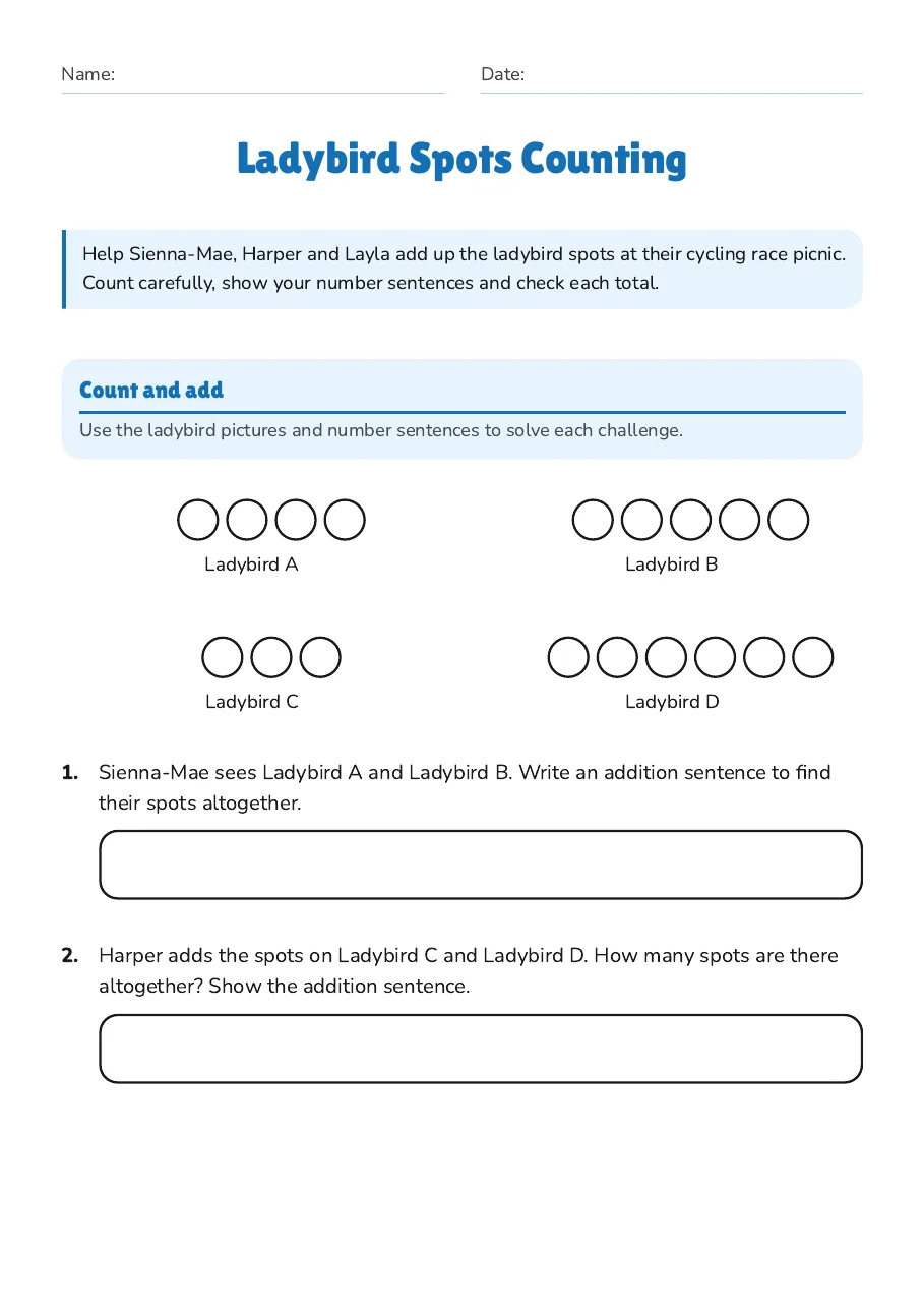 Ladybird Spots Counting, page 1 of 3: Count and add