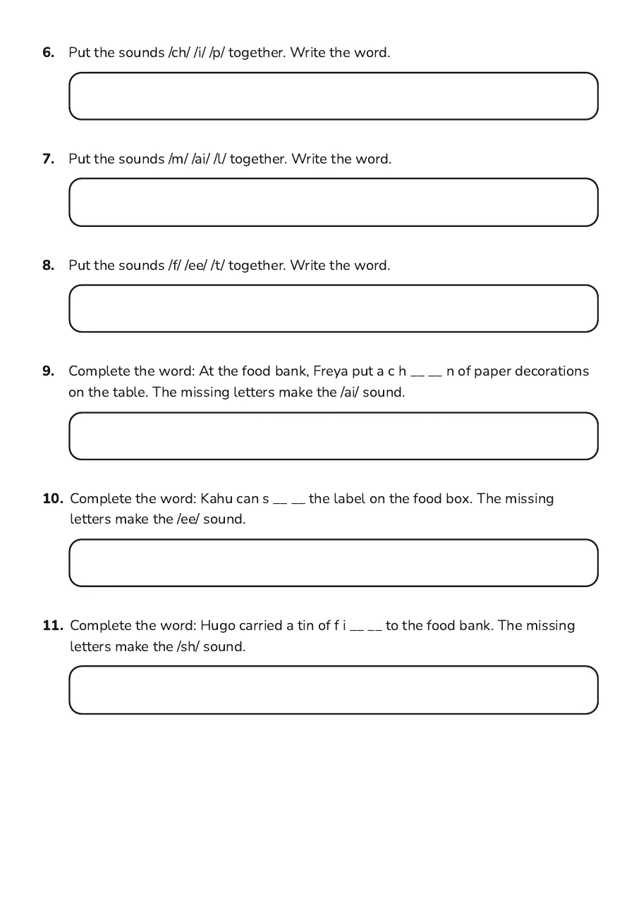 Sound-choice questions and word-building practice for ch, sh, ai and ee.