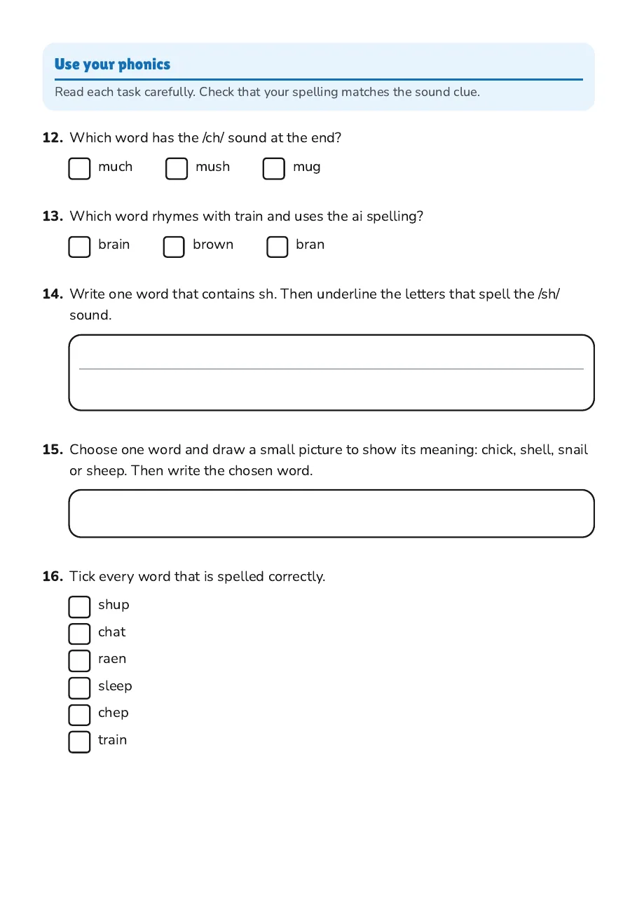 Food-bank-themed missing-letter tasks and phonics spelling challenges.