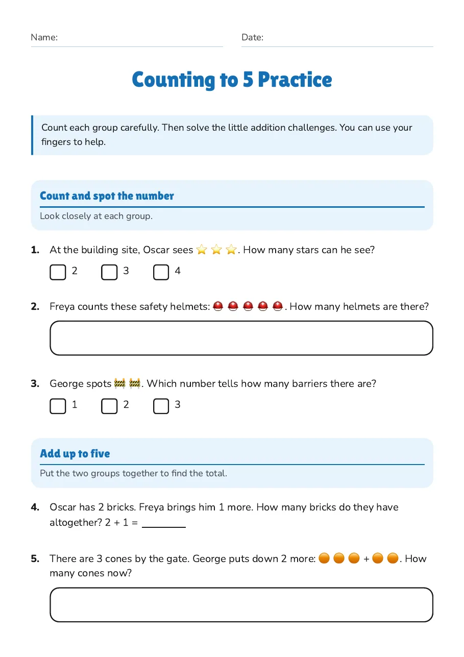 Counting to 5 Practice, page 1 of 2: Count and spot the number, Add up to five