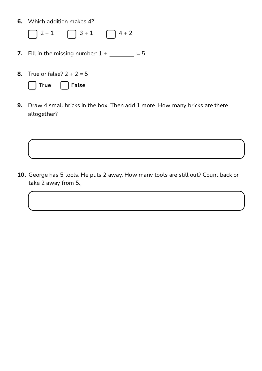 Counting to 5 Practice, page 2 of 2: 6. Which addition makes 4?