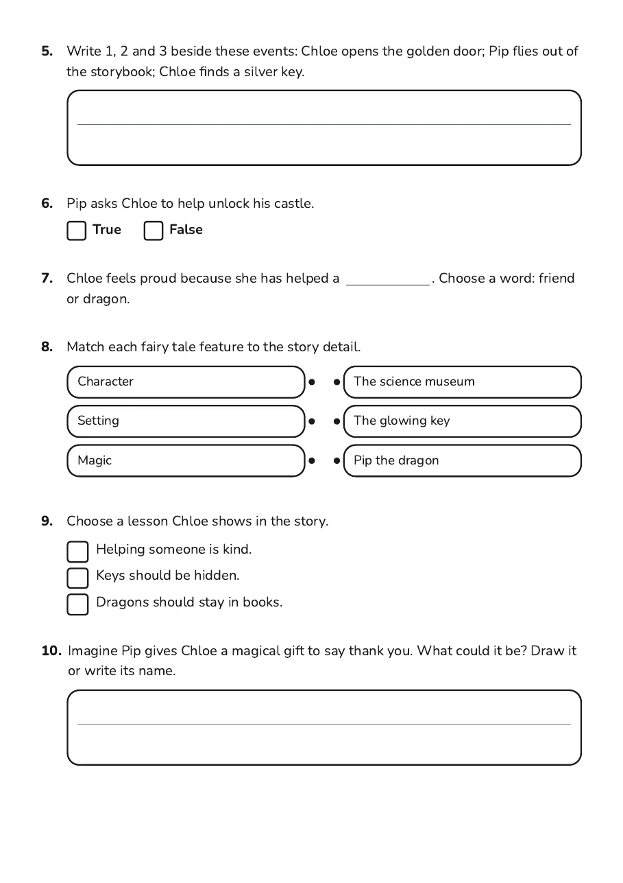 Fairy Tale Features, page 2 of 3: 5. Write 1, 2 and 3 beside these events: Chloe opens the golden door; Pip flies out of