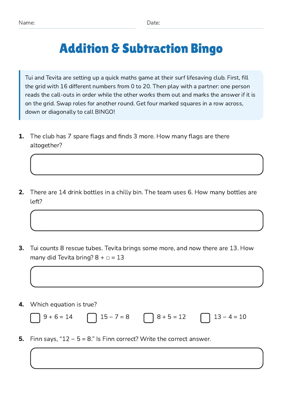 Addition & Subtraction Bingo, page 1 of 3: Tui and Tevita are setting up a quick maths game at their surf lifesaving club. First,…