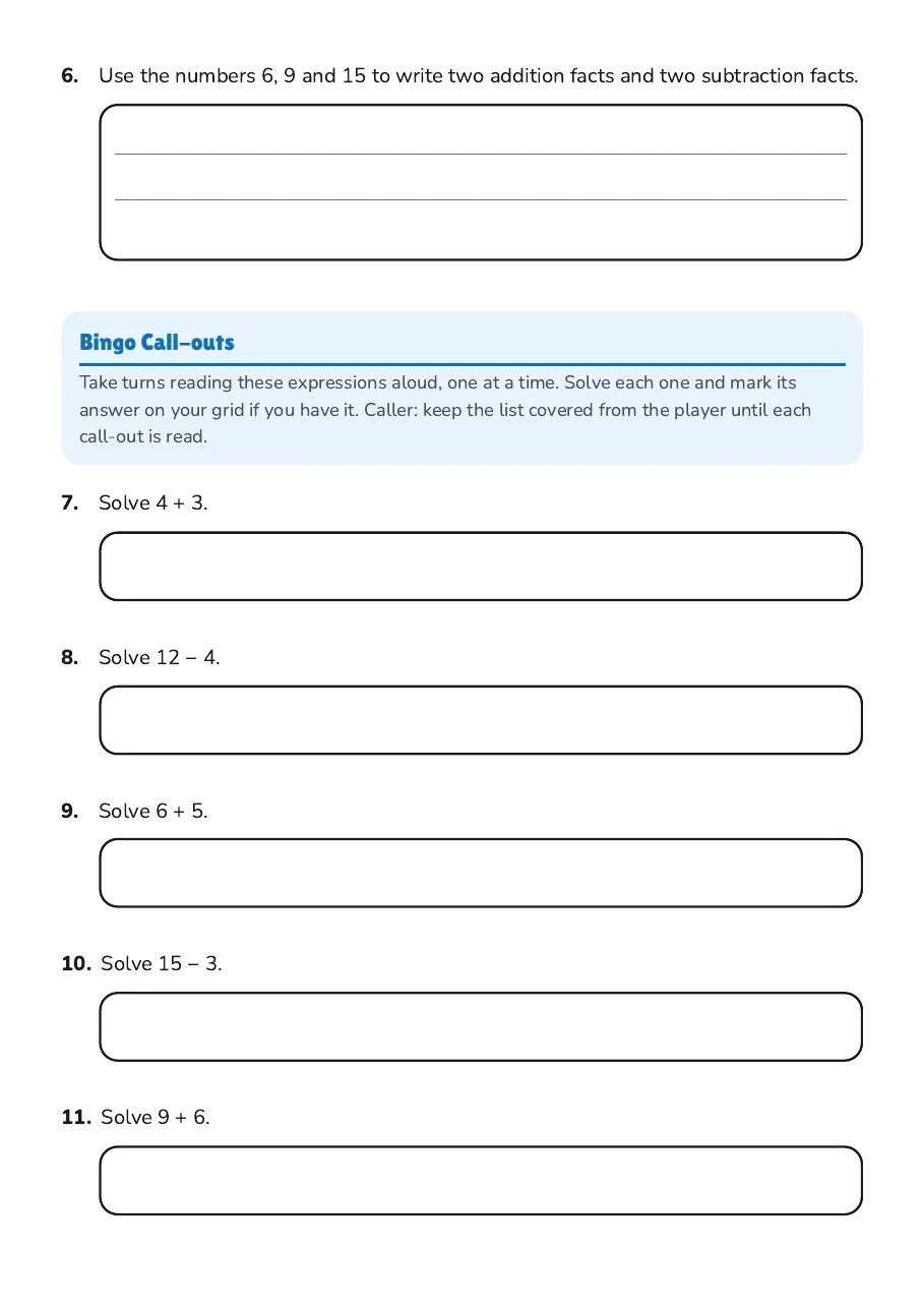 Addition & Subtraction Bingo, page 2 of 3: Bingo Call-outs