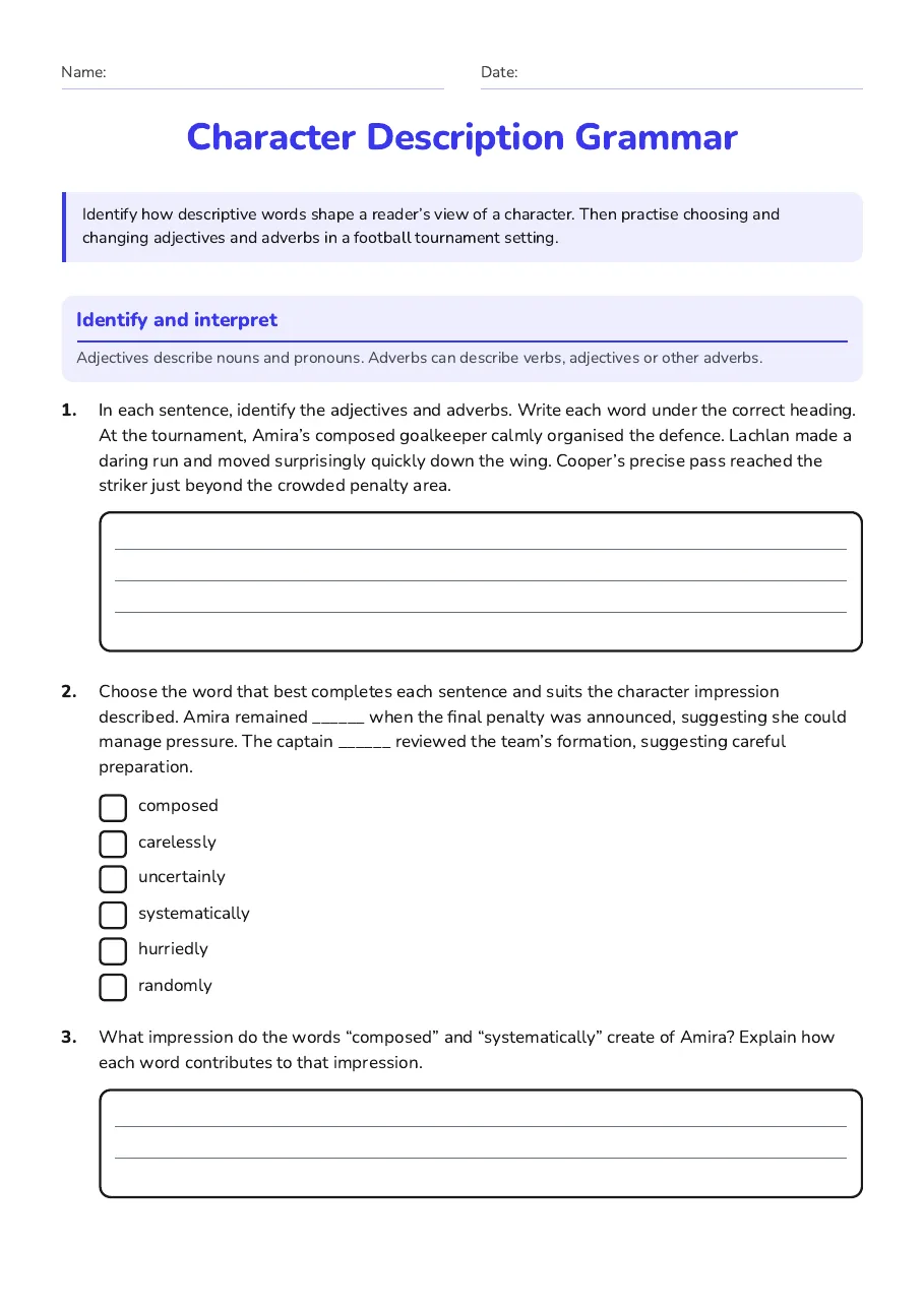 Character Description Grammar, page 1 of 3: Identify and interpret