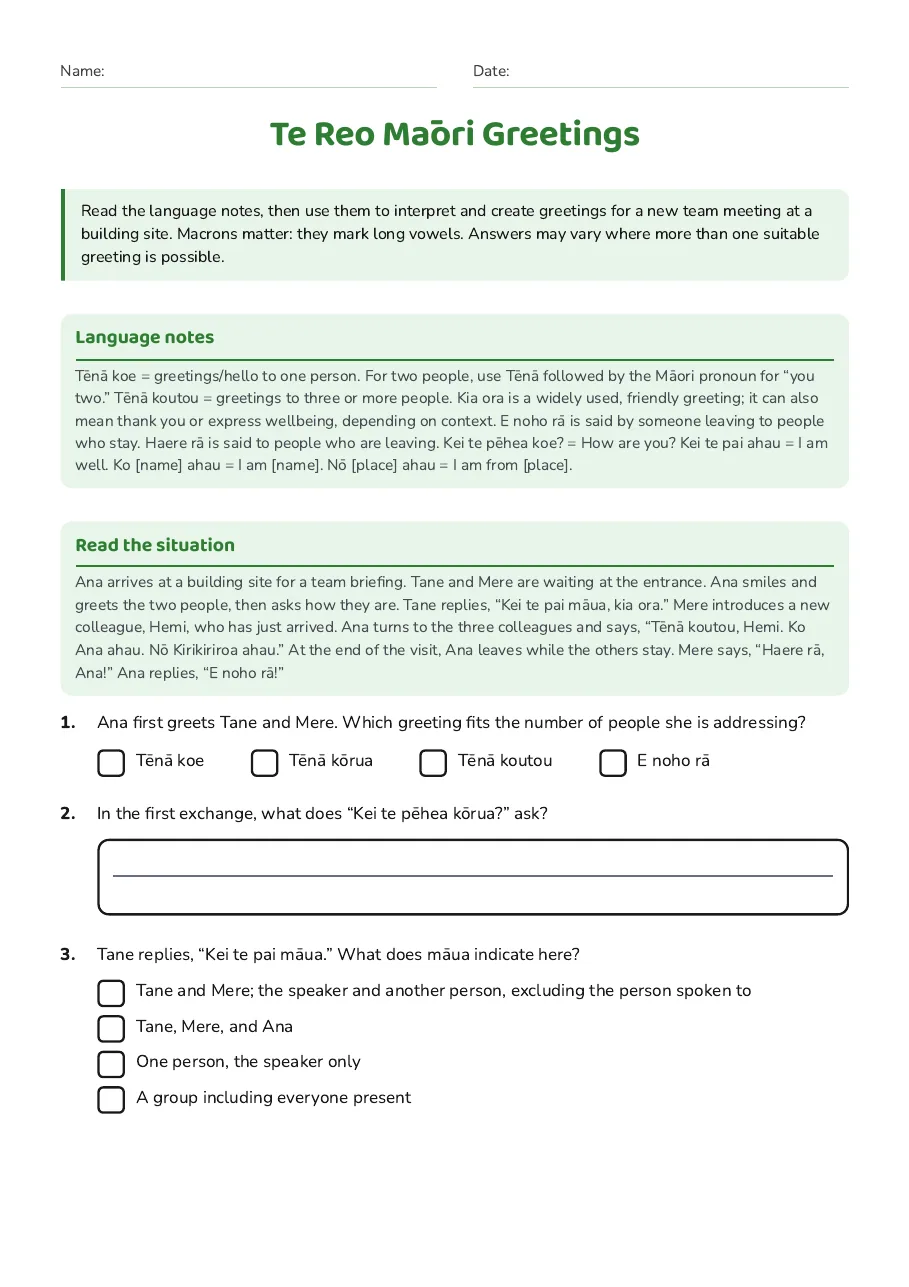 Te Reo Māori Greetings, page 1 of 3: Language notes, Read the situation
