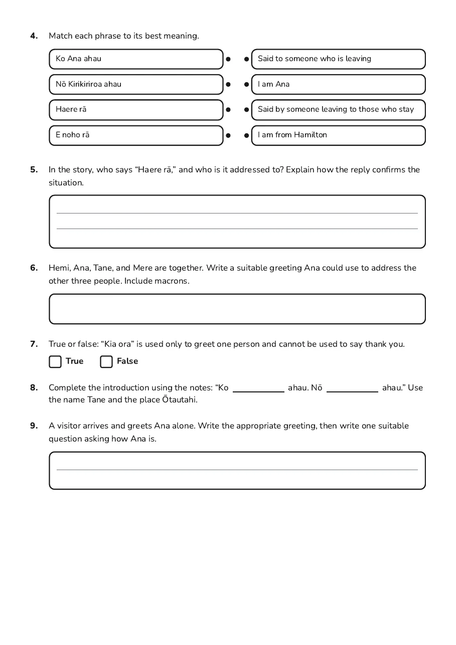 Te Reo Māori Greetings, page 2 of 3: 4. Match each phrase to its best meaning.