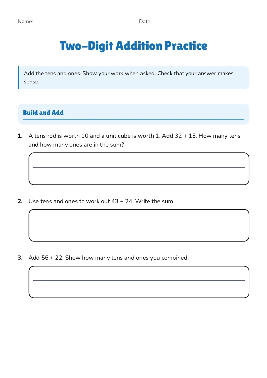 Two-Digit Addition Practice, page 1 of 3: Build and Add