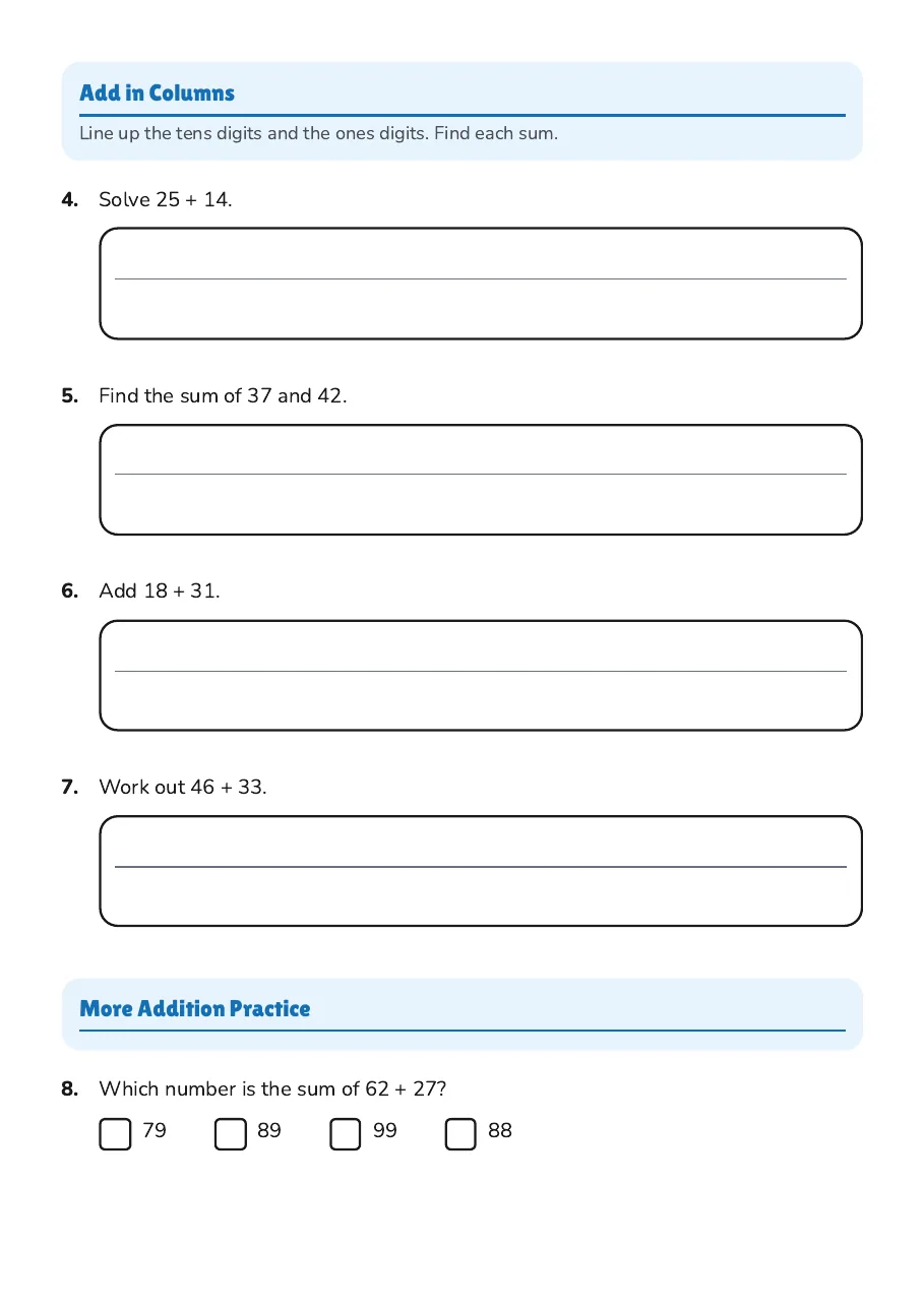 Two-Digit Addition Practice, page 2 of 3: Add in Columns, More Addition Practice