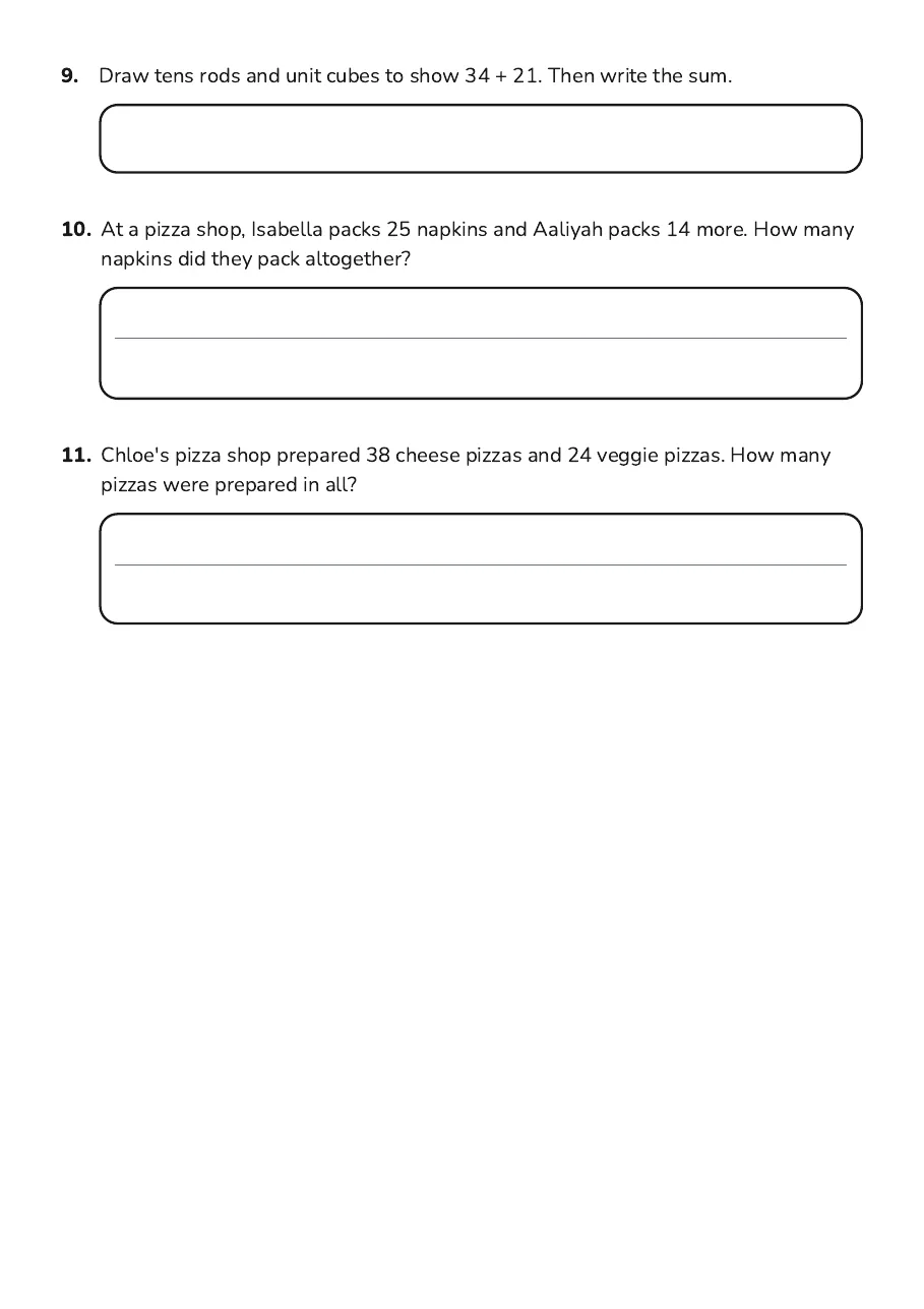 Two-Digit Addition Practice, page 3 of 3: 9. Draw tens rods and unit cubes to show 34 + 21. Then write the sum.