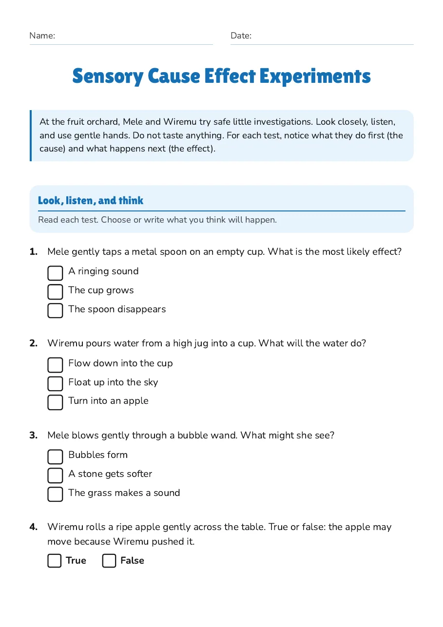 Sensory Cause Effect Experiments, page 1 of 3: Look, listen, and think