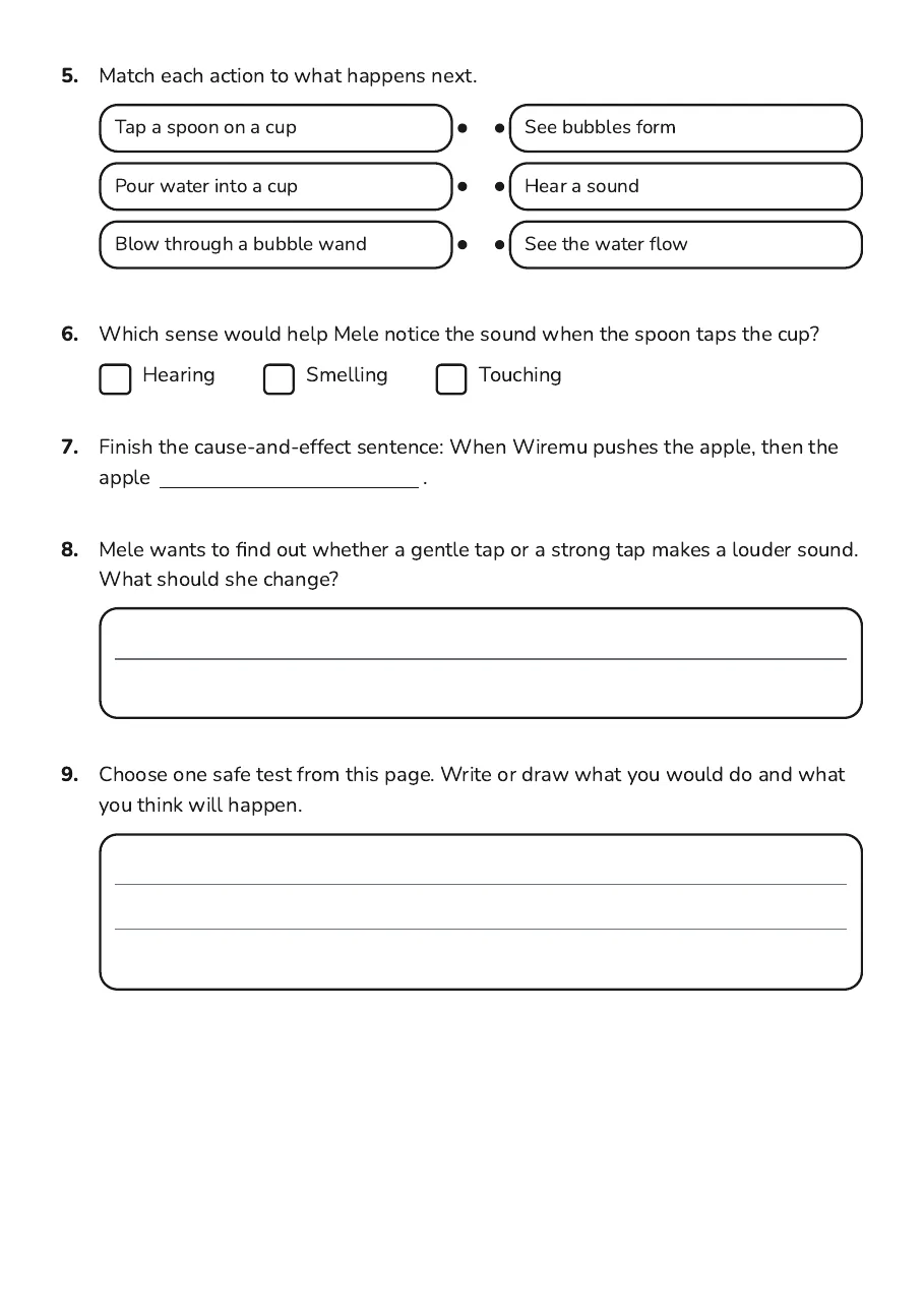 Sensory Cause Effect Experiments, page 2 of 3: 5. Match each action to what happens next.