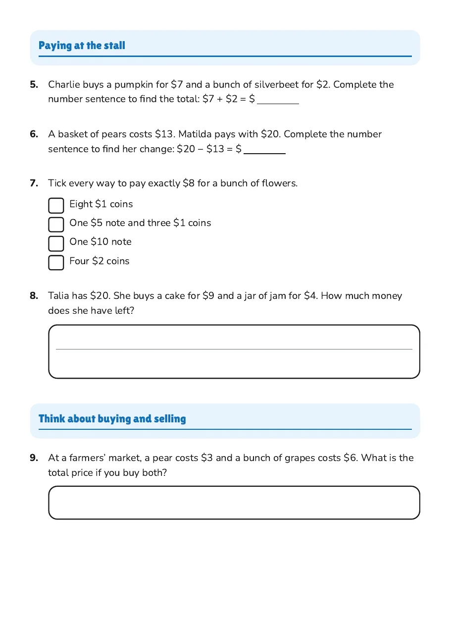 Buying and Selling, page 2 of 3: Paying at the stall, Think about buying and selling