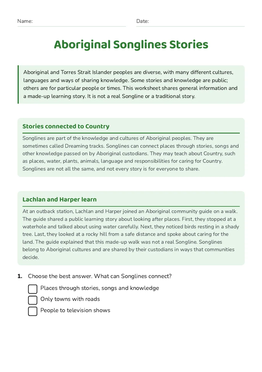 Aboriginal Songlines Stories, page 1 of 3: Stories connected to Country, Lachlan and Harper learn