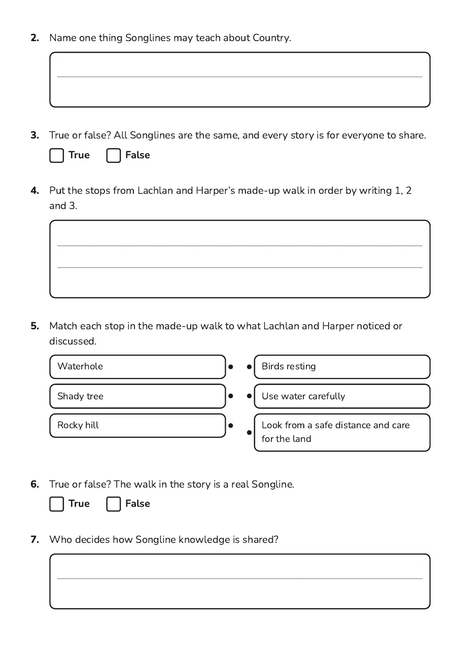 Aboriginal Songlines Stories, page 2 of 3: 2. Name one thing Songlines may teach about Country.
