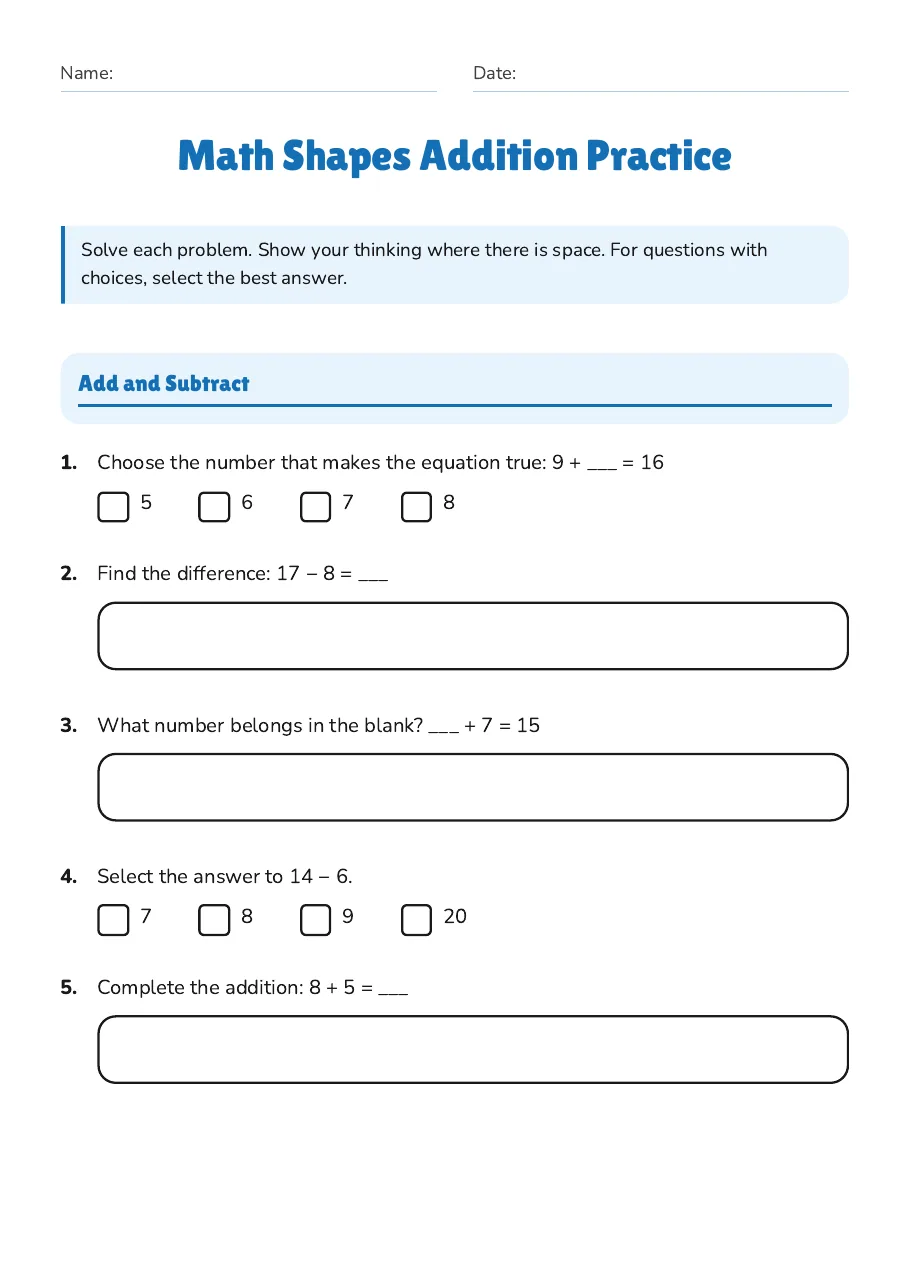 Math Shapes Addition Practice, page 1 of 3: Add and Subtract