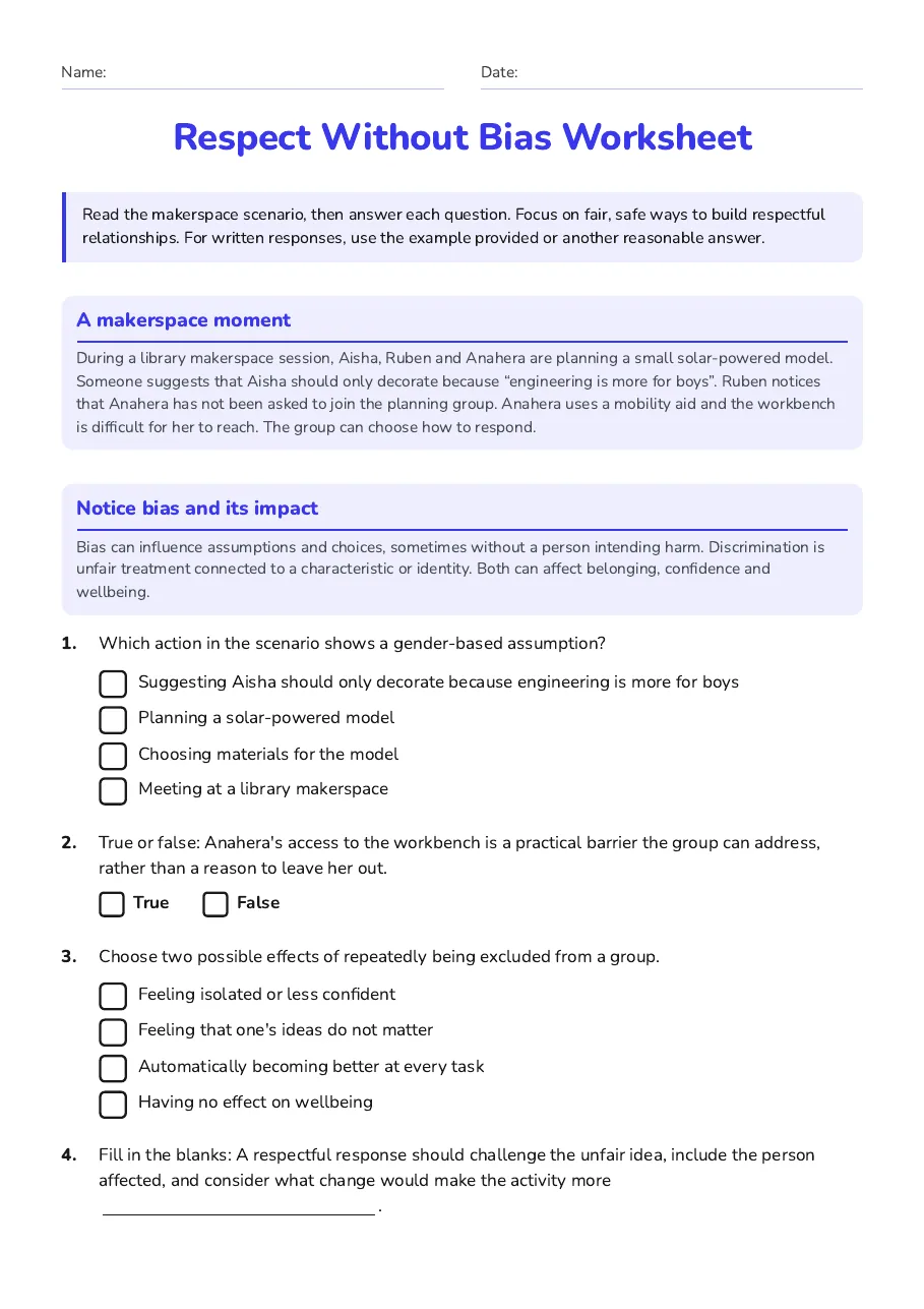 Respect Without Bias Worksheet, page 1 of 3: A makerspace moment, Notice bias and its impact