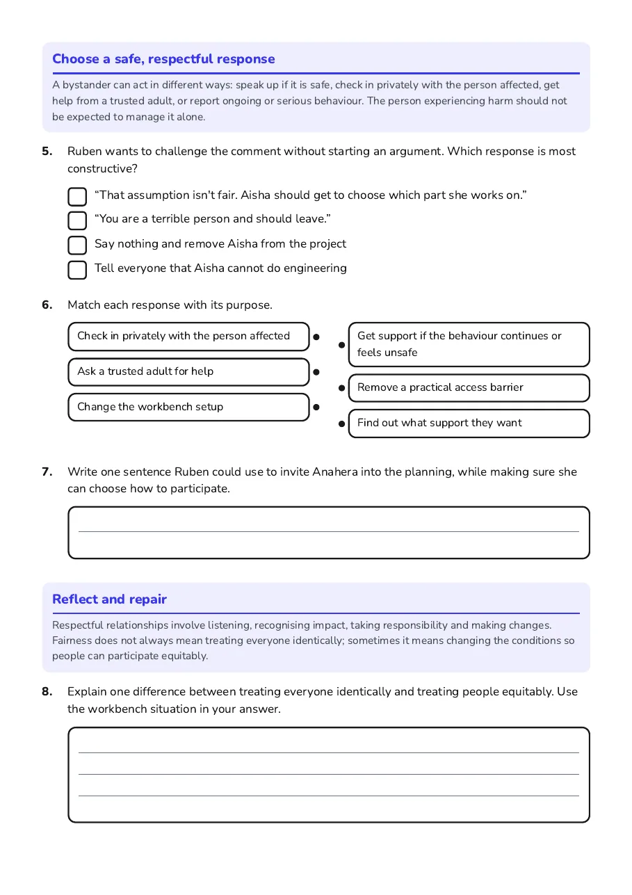 Respect Without Bias Worksheet, page 2 of 3: Choose a safe, respectful response, Reflect and repair