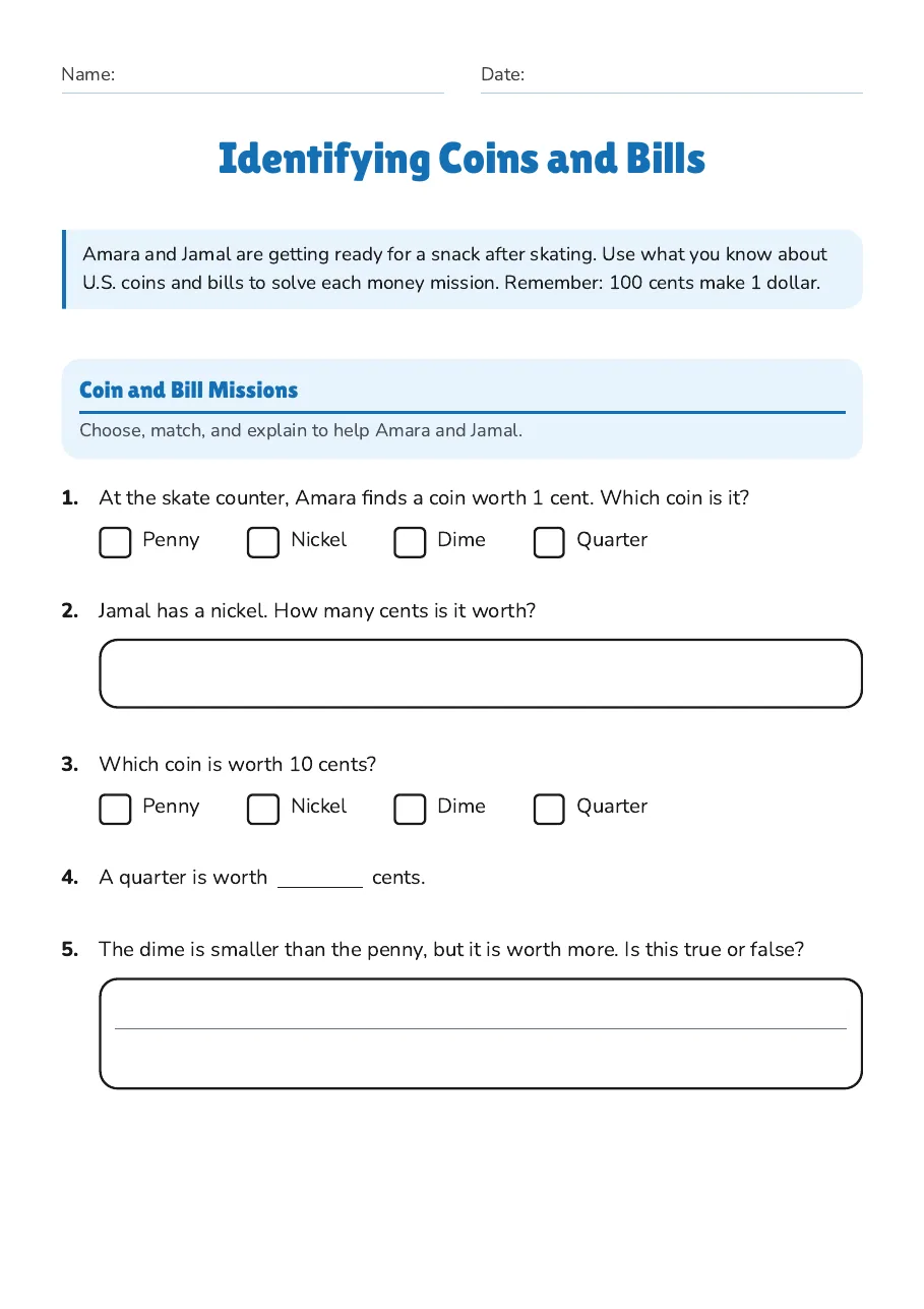 Identifying Coins and Bills, page 1 of 2: Coin and Bill Missions