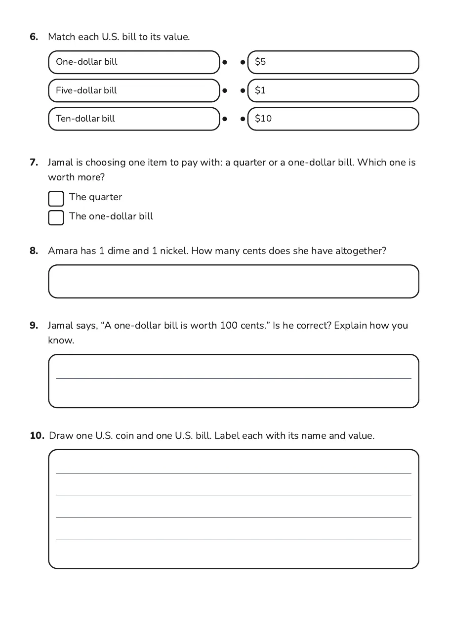 Identifying Coins and Bills, page 2 of 2: 6. Match each U.S. bill to its value.