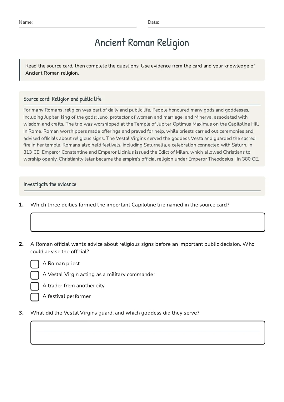 Ancient Roman Religion, page 1 of 2: Source card: Religion and public life, Investigate the evidence