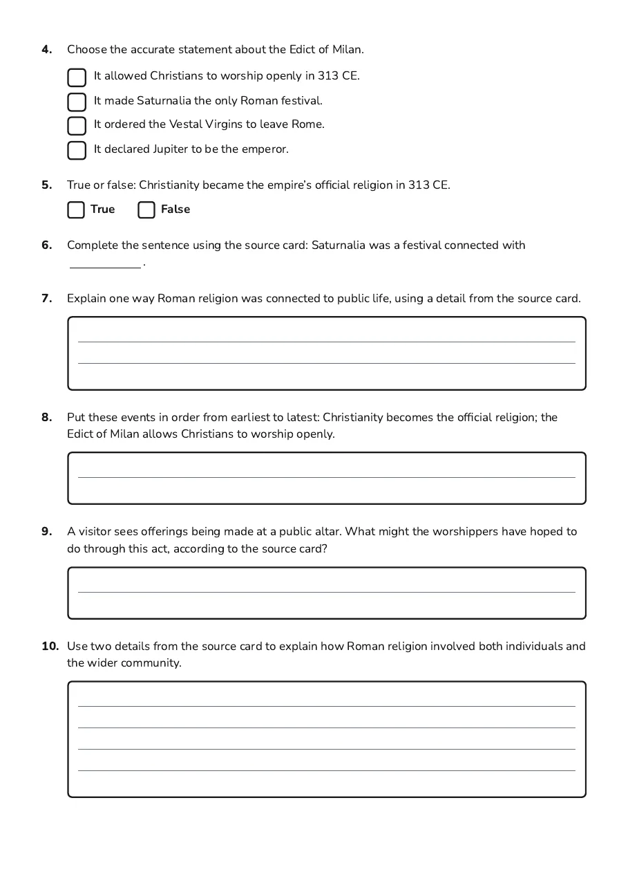 Ancient Roman Religion, page 2 of 2: 4. Choose the accurate statement about the Edict of Milan.