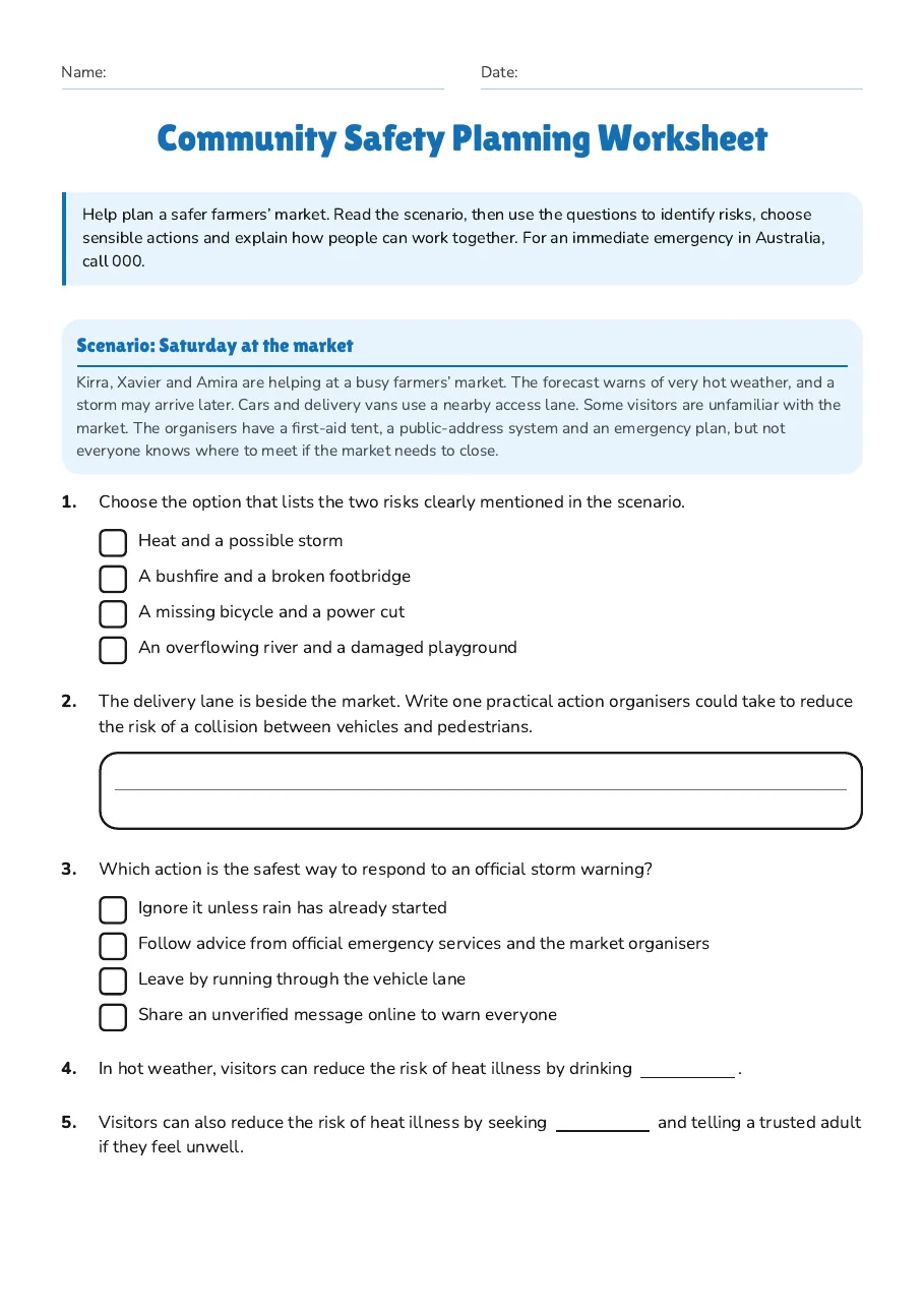 Community Safety Planning Worksheet, page 1 of 3: Scenario: Saturday at the market