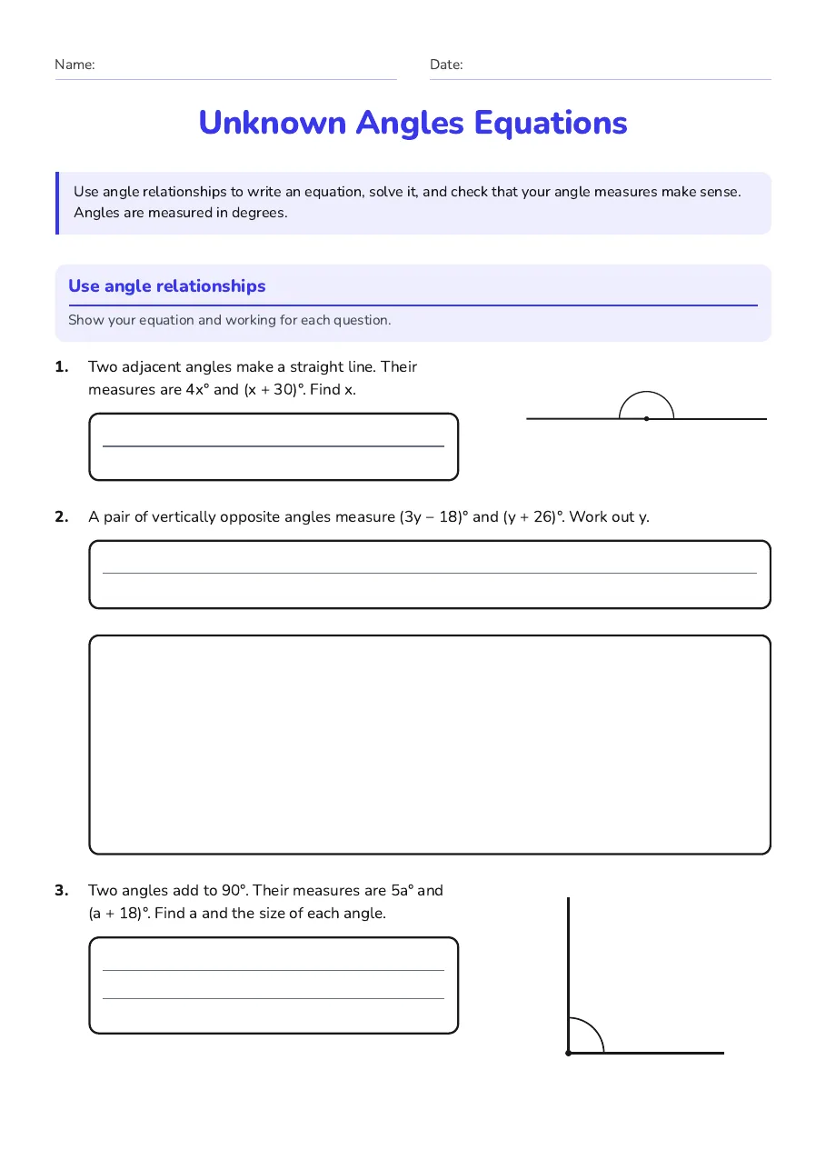 Unknown Angles Equations, page 1 of 4: Use angle relationships