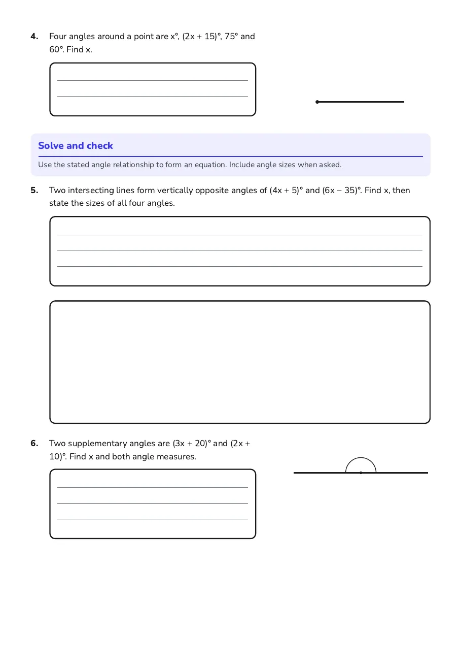 Unknown Angles Equations, page 2 of 4: Solve and check