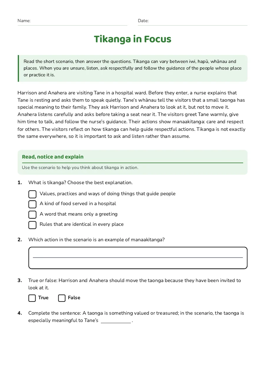 Tikanga in Focus, page 1 of 2: Read, notice and explain
