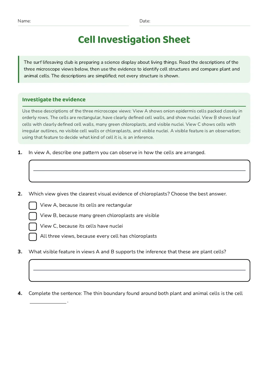 Cell Investigation Sheet, page 1 of 2: Investigate the evidence