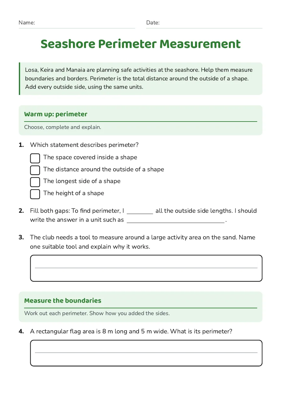 Seashore Perimeter Measurement, page 1 of 3: Warm up: perimeter, Measure the boundaries