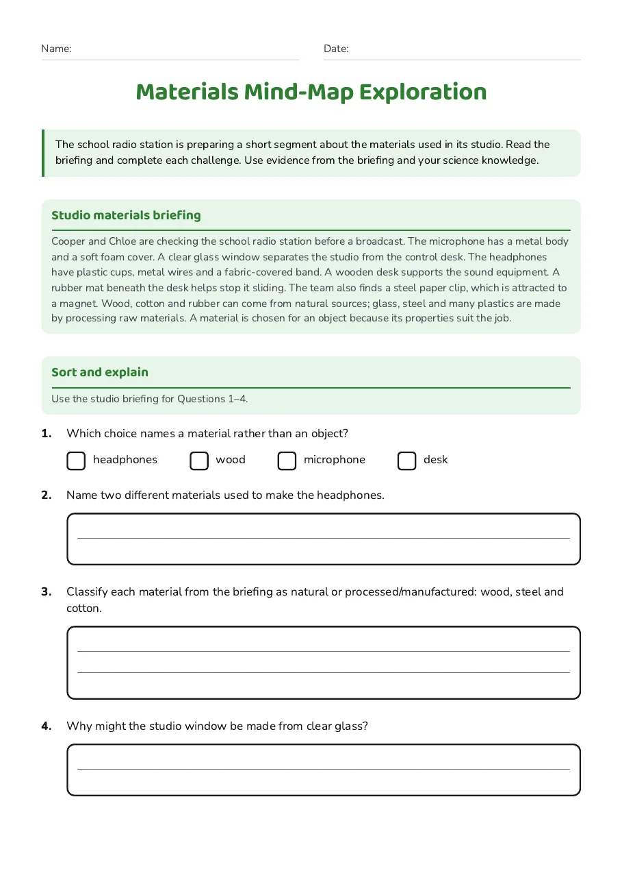 Materials Mind-Map Exploration, page 1 of 3: Studio materials briefing, Sort and explain