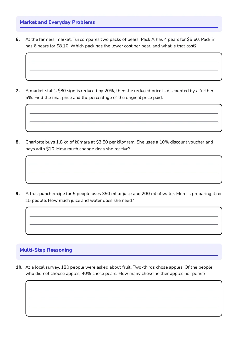 Proportional Reasoning Practice, page 2 of 3: Market and Everyday Problems, Multi-Step Reasoning