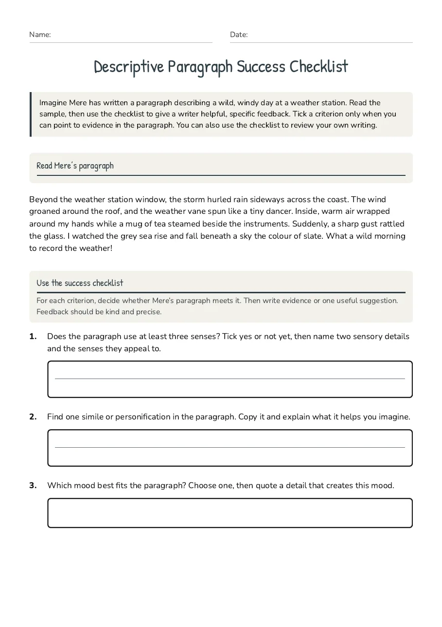 Descriptive Paragraph Success Checklist, page 1 of 2: Read Mere’s paragraph, Use the success checklist