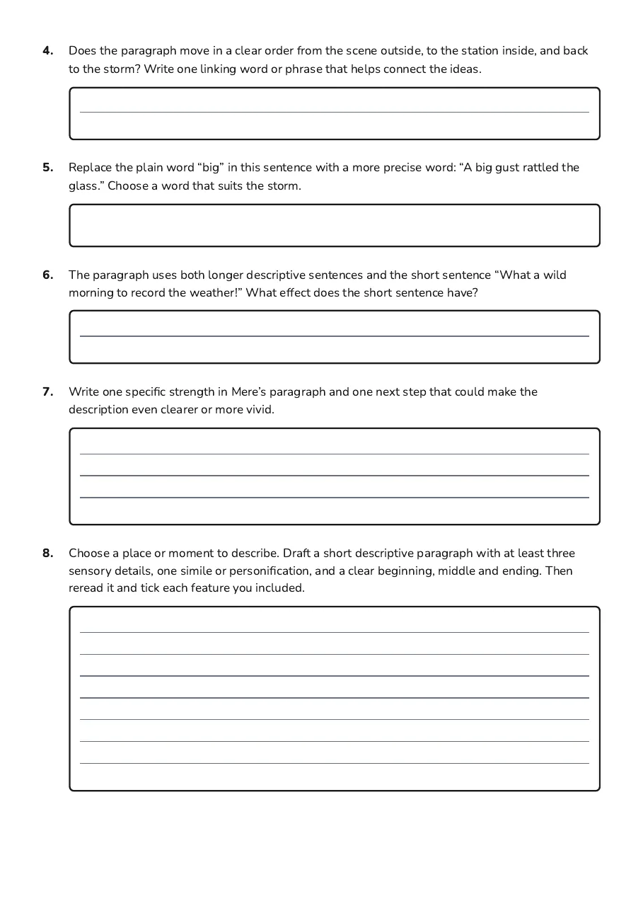 Descriptive Paragraph Success Checklist, page 2 of 2: 4. Does the paragraph move in a clear order from the scene outside, to the station…