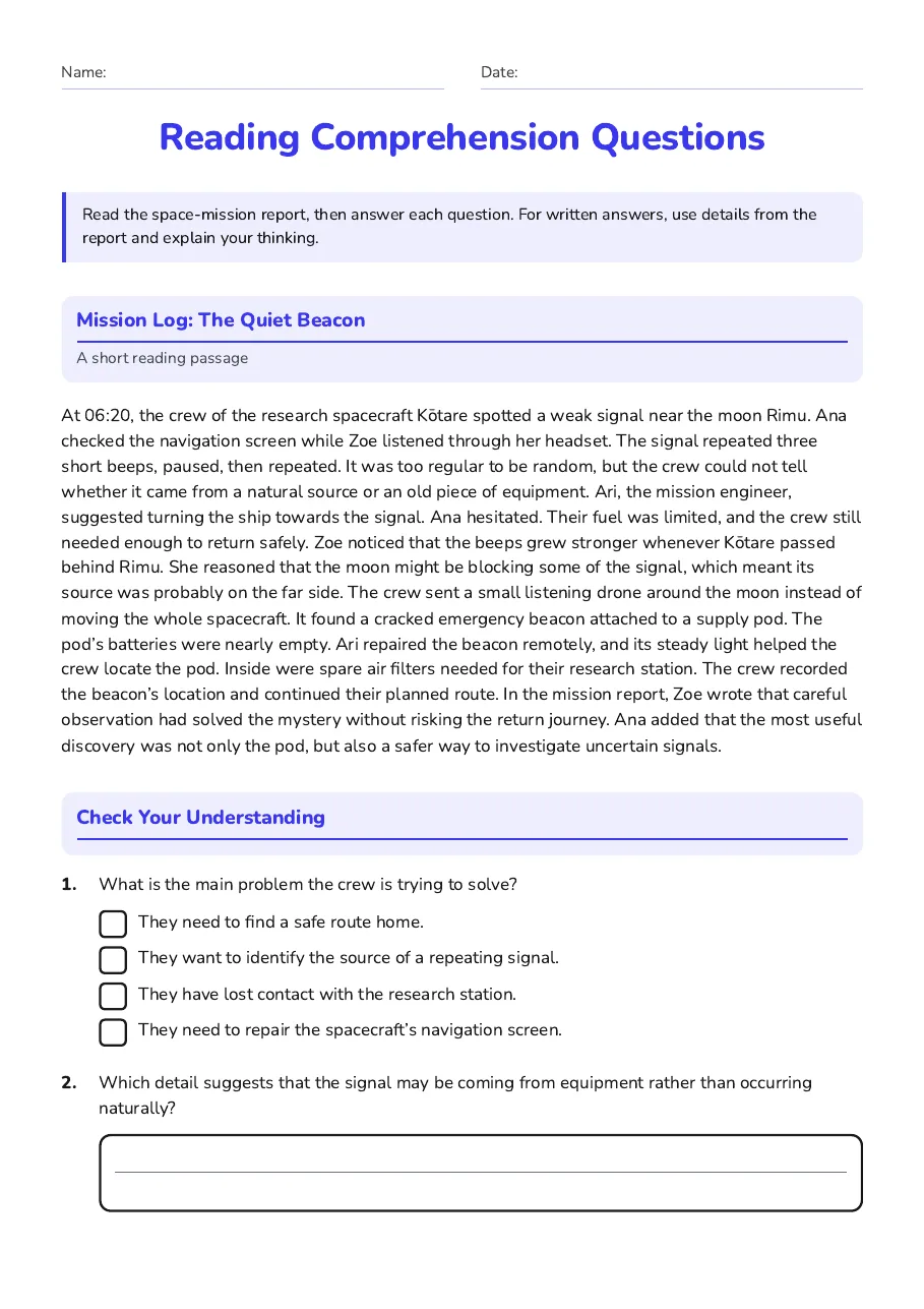 Reading Comprehension Questions, page 1 of 3: Mission Log: The Quiet Beacon, Check Your Understanding
