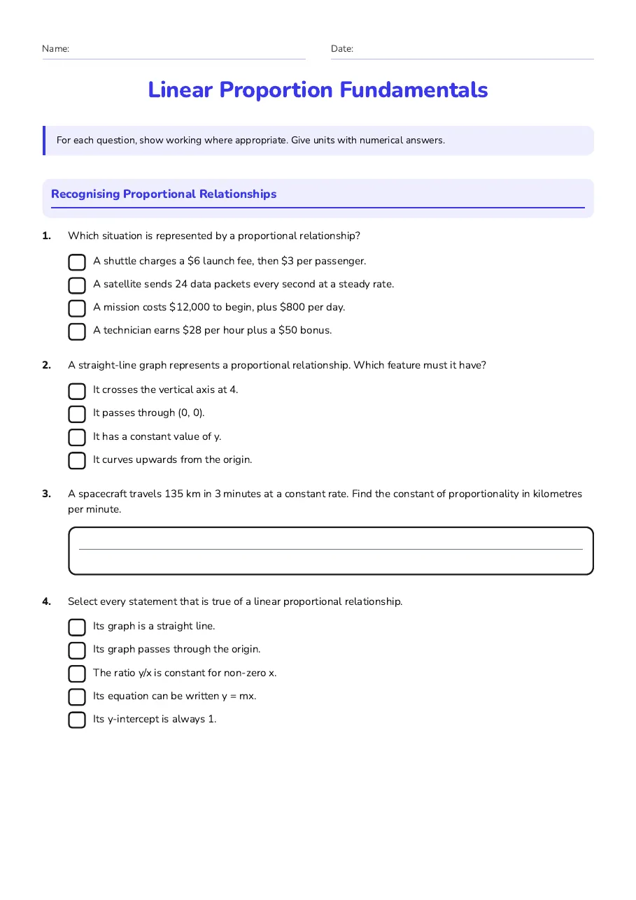 Linear Proportion Fundamentals, page 1 of 3: Recognising Proportional Relationships