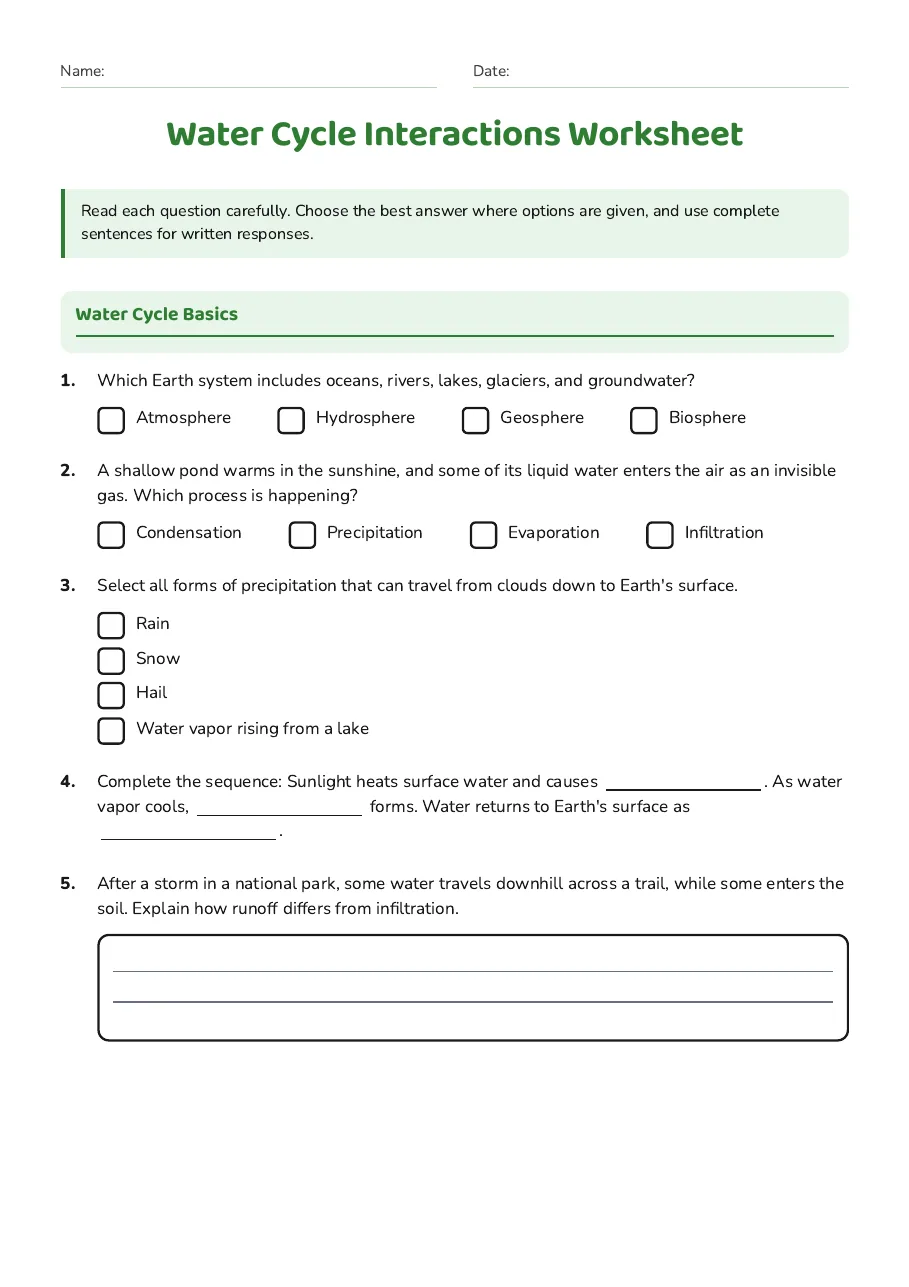 Water Cycle Interactions Worksheet, page 1 of 3: Water Cycle Basics