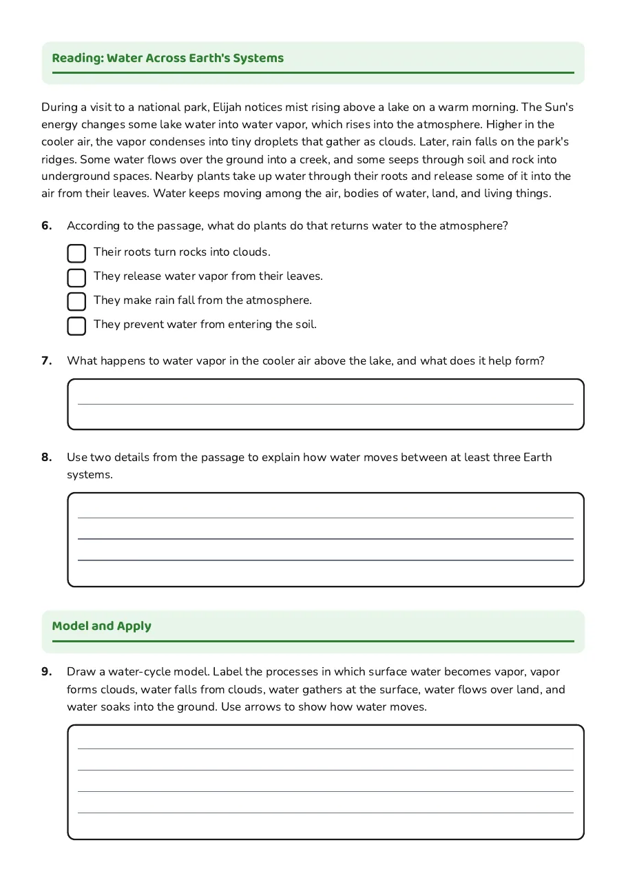 Water Cycle Interactions Worksheet, page 2 of 3: Reading: Water Across Earth's Systems, Model and Apply