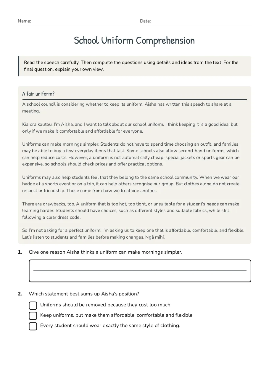 School Uniform Comprehension, page 1 of 3: A fair uniform?