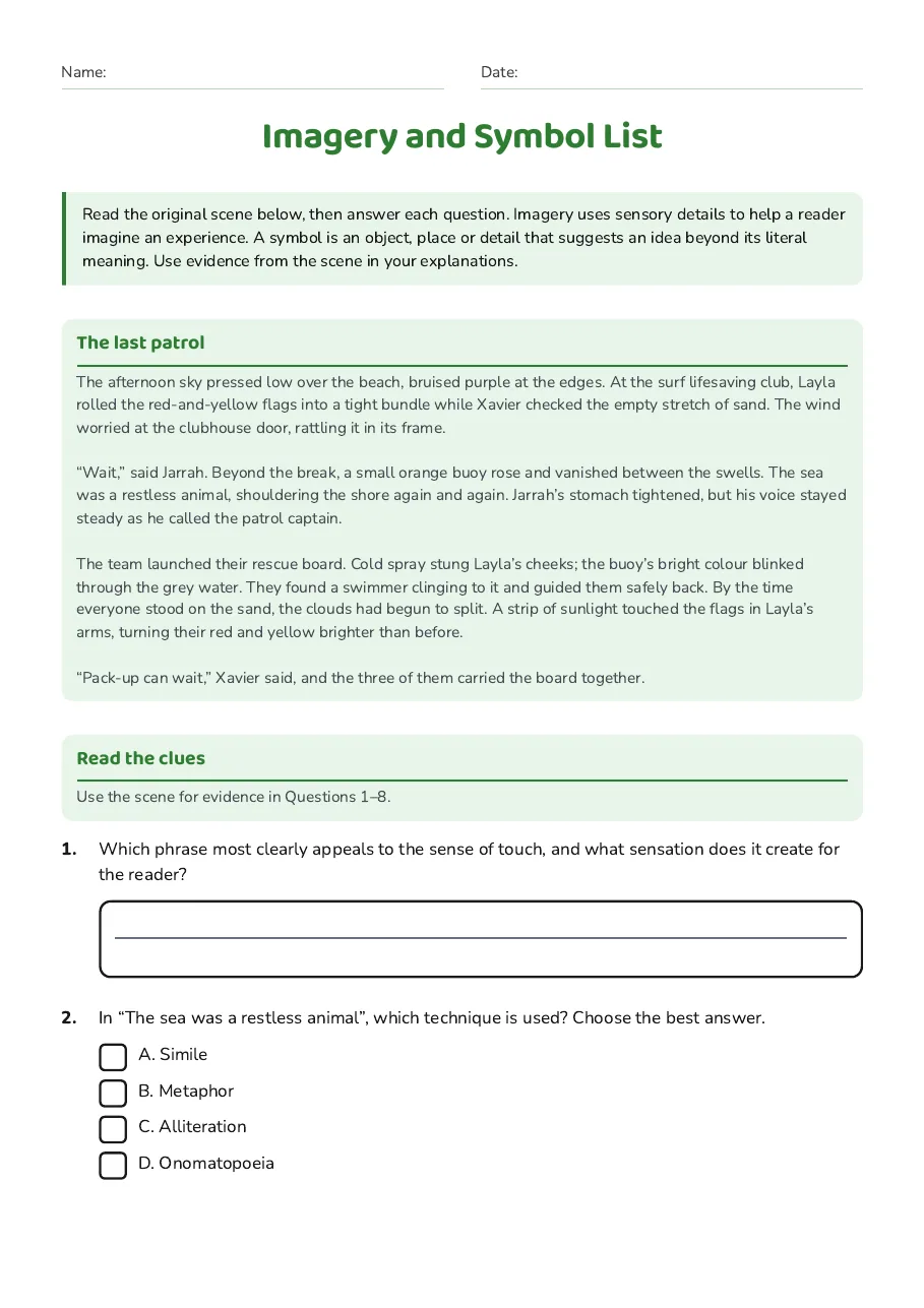 Imagery and Symbol List, page 1 of 3: The last patrol, Read the clues