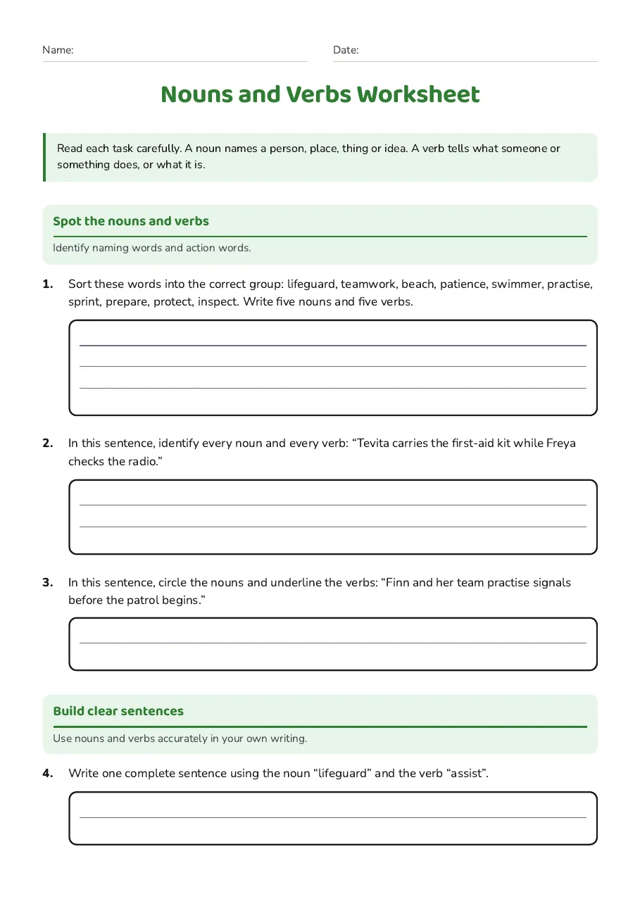Nouns and Verbs Worksheet, page 1 of 2: Spot the nouns and verbs, Build clear sentences