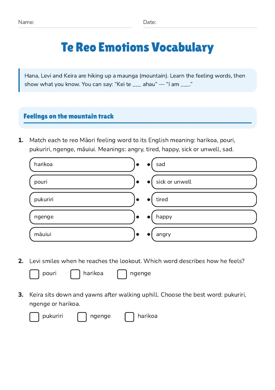 Te Reo Emotions Vocabulary, page 1 of 3: Feelings on the mountain track
