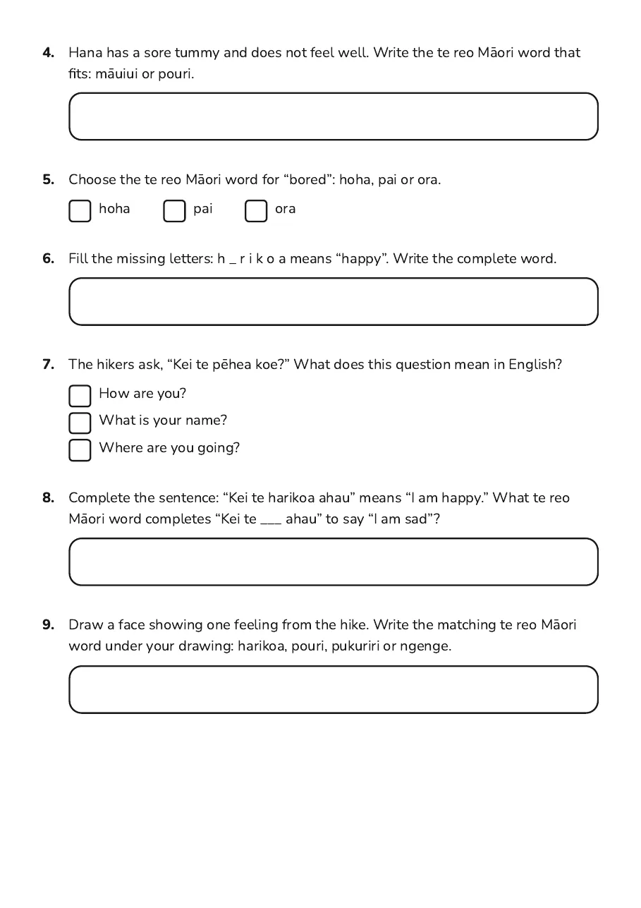 Te Reo Emotions Vocabulary, page 2 of 3: 4. Hana has a sore tummy and does not feel well. Write the te reo Mā ori word that